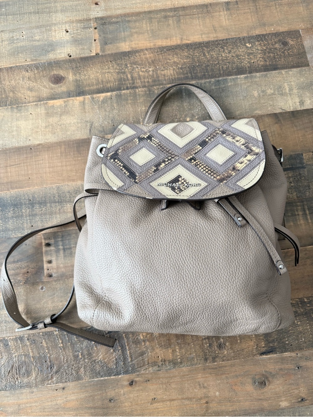 Michael Kors Taupe Leather Backpack with Patterned Geometric Flap